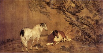 柳の影の下で輝くラング2頭の馬 古い墨 ジュゼッペ・カスティリオーネ Oil Paintings